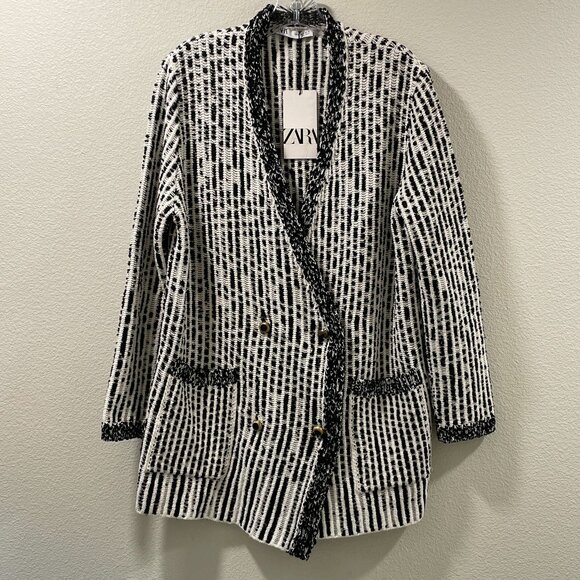 ZARA (NWT) Oversize Double Breast Long Sleeve Cardigan Sweater Jacket, BLK/WHT-M - Picture 2 of 13
